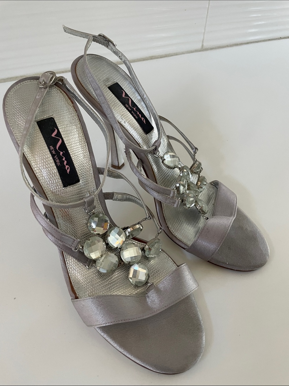 Nina Silver Crystal T-Strap Heels